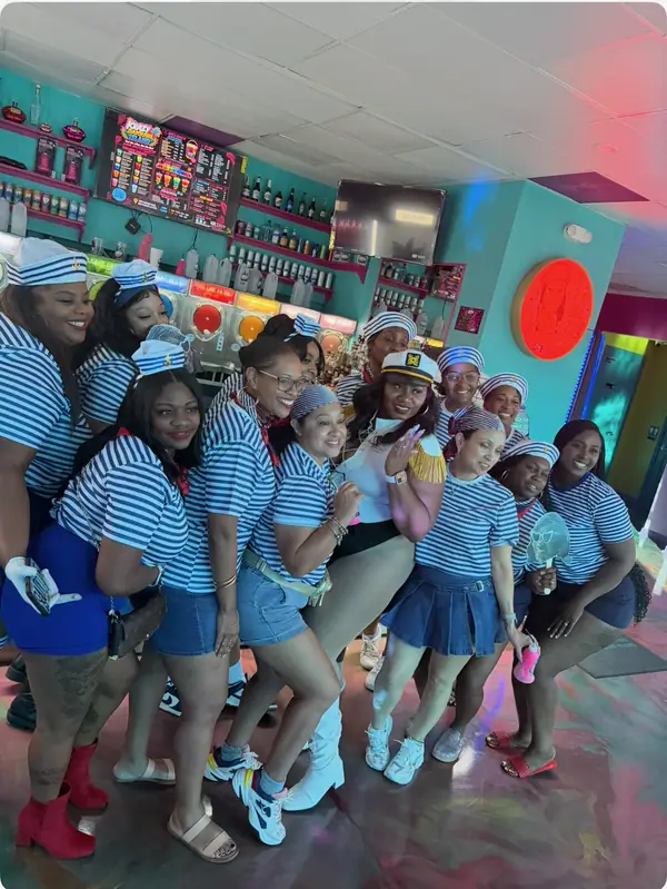 Bachelorette crew in matching sailor outfits at Krazy Daiquiri Island